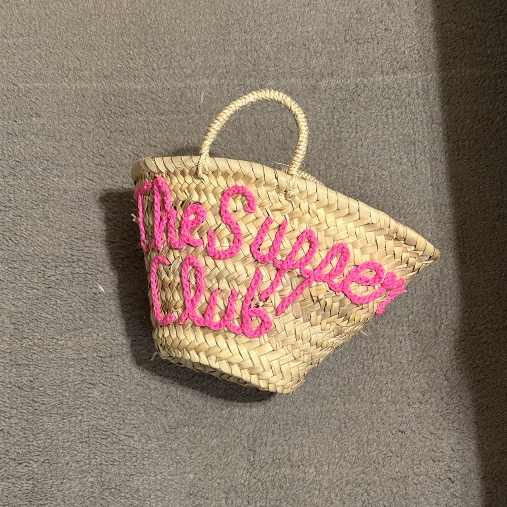 Woven Straw Tote Bag Pink The Supper Club Lettering Beach Summer Bag